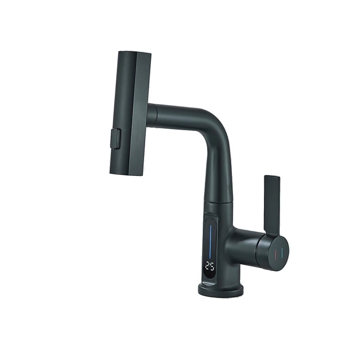 Mosogató csaptelep, modern dizájn, egykaros működés, matt fekete, egylyukú rögzítés