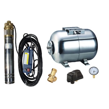 Kit complet sistem hidrofor, pompa submersibila APC SKM 200/24, rezervor 24L, presostat, racord 5 cai, manometru Kit complet sistem hidrofor, pompa submersibila APC SKM 200/24, rezervor 24L, presostat, racord 5 cai, manometru