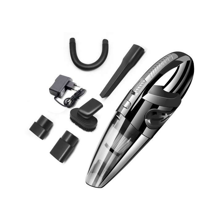 Aspirator portabil de mana, Comando Home, Pentru Casa si Masina, Functie Turbo, Aspirare Umeda / Uscata, Aspirare Vid 4 Bari, 32000 RPM, 120W, Alimentare Retea, Negru gri