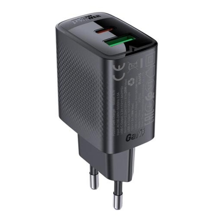 Univerzális töltő, Acefast Charger Wall GaN PD 20W - A78 - USB-C x 1, USB-A x 1, Fekete