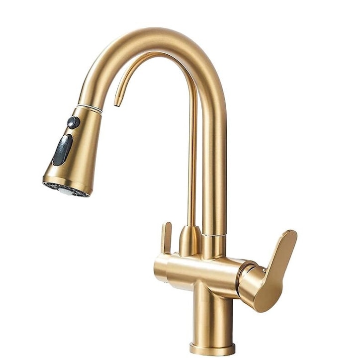 Смесител за баня, дизайн с две дръжки, прибираща се функция за пръскане, златист, монтаж на плот