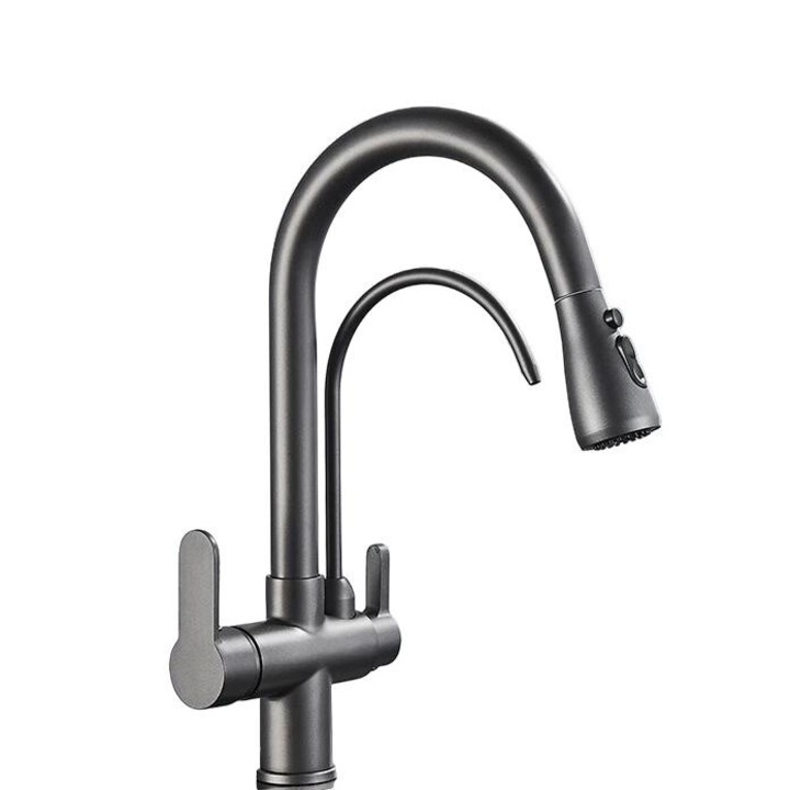 Fürdőszoba csaptelep, két fogantyús kialakítás, visszahúzható spray funkció, megerősített szürke, munkalapra szerelhető