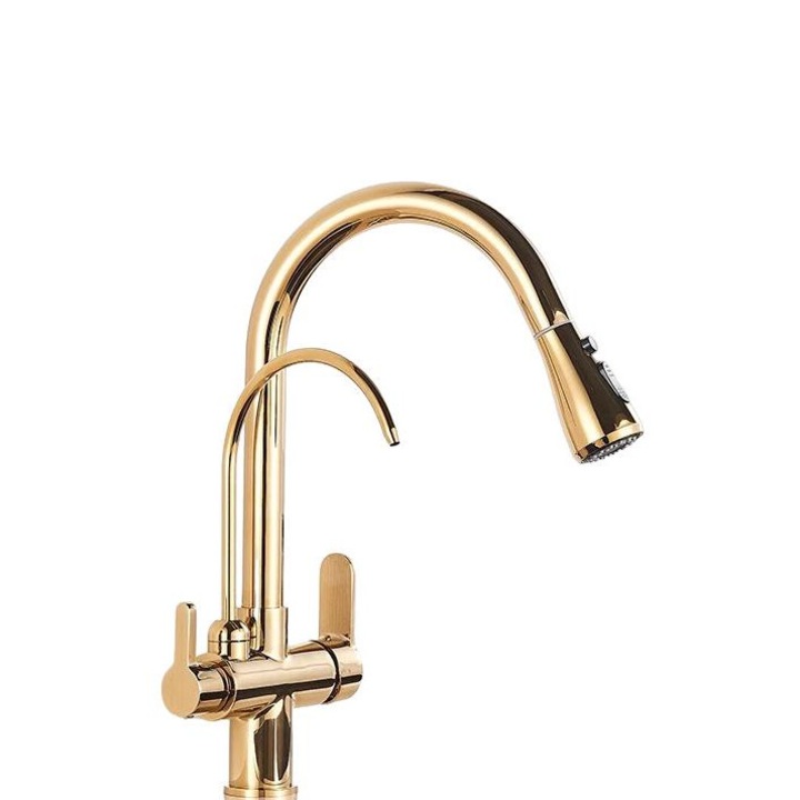 Fürdőszoba csaptelep, kétkaros kivitel, visszahúzható spray funkcióval, arany színben, pultra rögzíthető