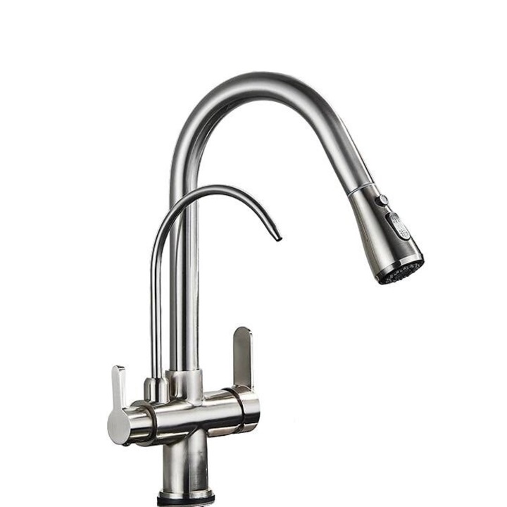 Fürdőszoba csaptelep, két fogantyús kialakítás, visszahúzható spray funkció, szálcsiszolt nikkel bevonat, munkalapra szerelhető