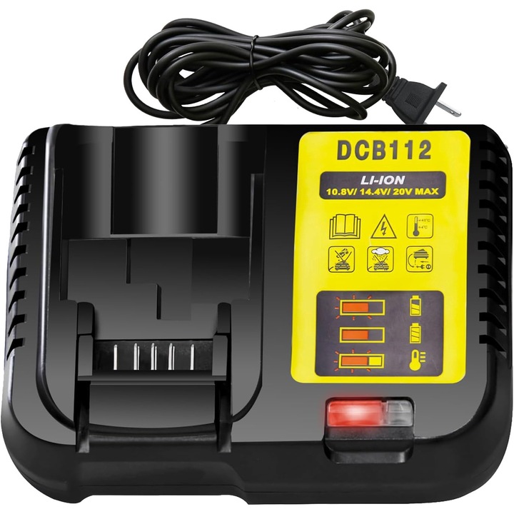 Kompakt, vékony akkumulátortöltő DCB112 Dewalt 12V / 20V akkumulátortöltőhöz DCB203 DCB101 DCB105 DCB115 DCB107, kompatibilis a Dewalt 12V / 20V MAX lítium-ion akkumulátorokkal, sárga