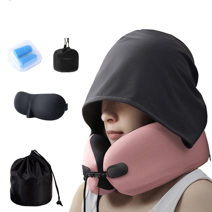 Комплект от 5 U-образни пътни възглавници със сенник, водоустойчива чанта за съхранение, тапи за уши и маска за очи, розово/черно