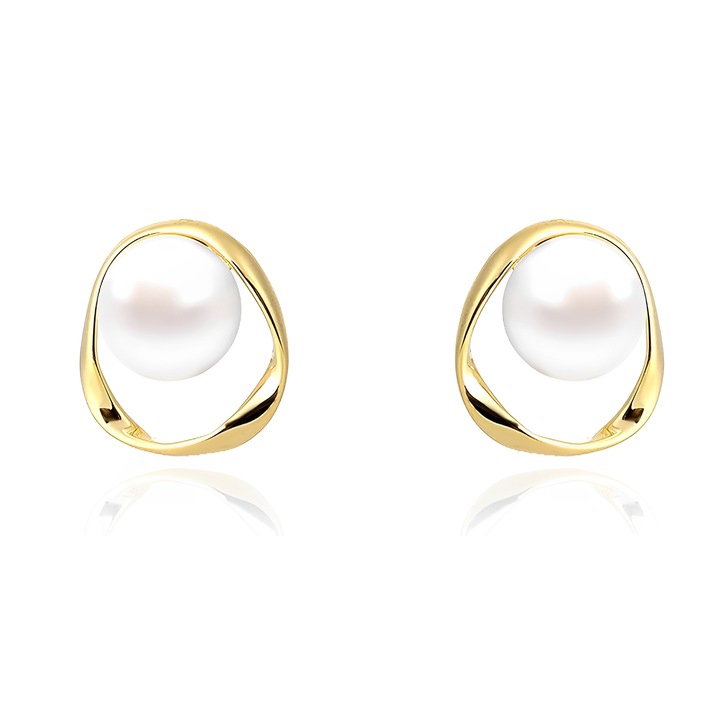 Cercei dama, TREXORA, Metal/Perle, 1.5cm, Alb/Auriu