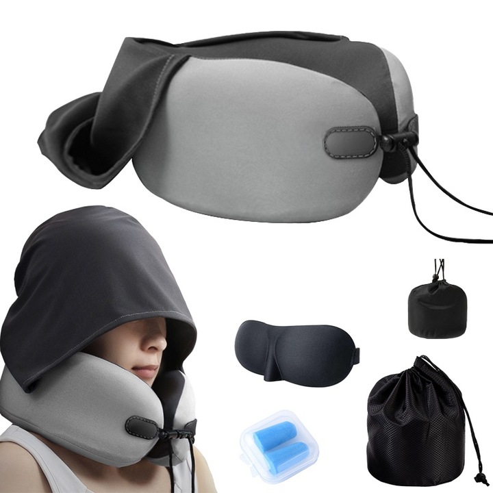 Комплект от 5 U-образни възглавници за пътуване със сенник, водоустойчива чанта за съхранение, тапи за уши и маска за очи, сив