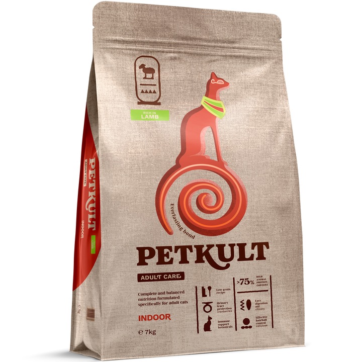 Hrana uscata pentru pisici Petkult Adult Care, Indoor, cu continut ridicat de Miel, 7kg