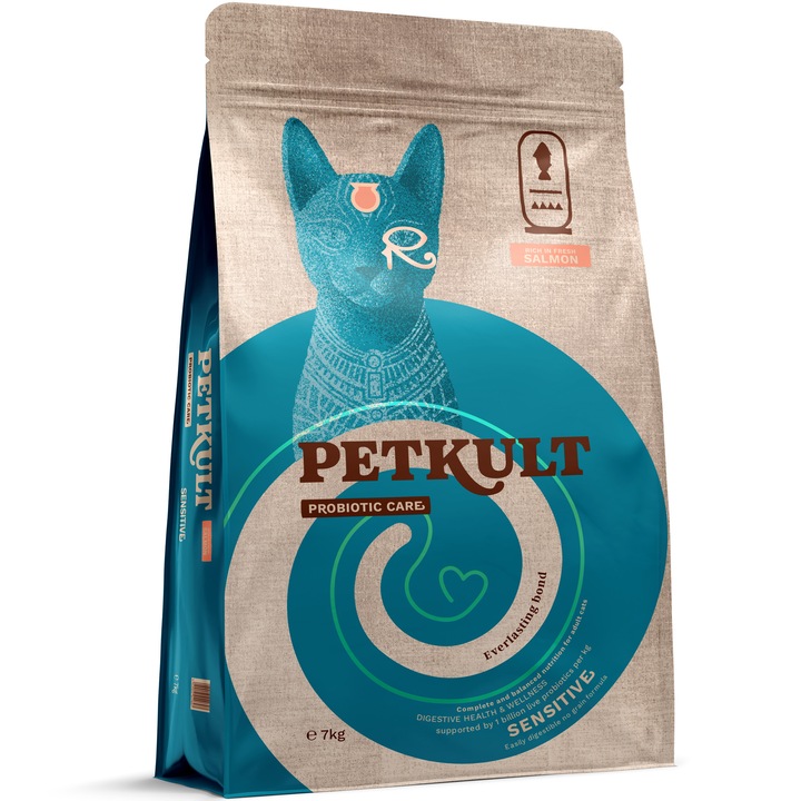 Hrana uscata pentru pisici Petkult Probiotic Care, Sensitive, cu Somon, 7kg