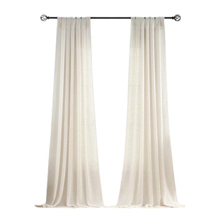 Set de 2 perdele Voilybird, semitransparente, cu aspect de in, prindere cu bride, 140 x 260 cm, Crem natural