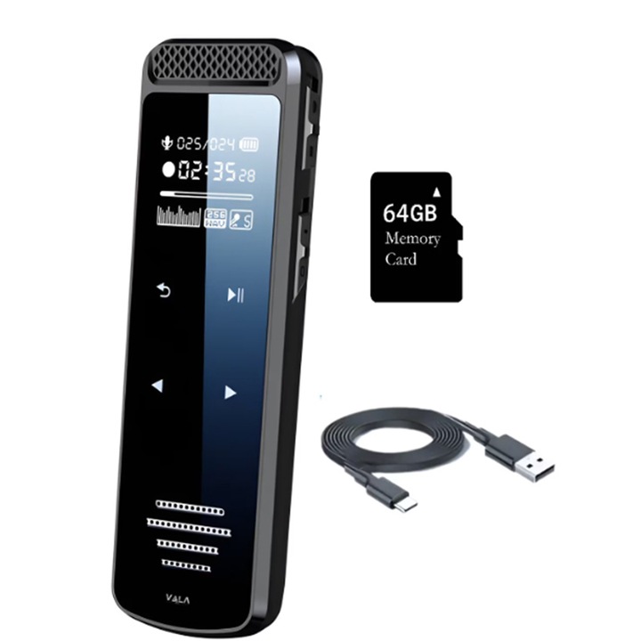 Професионален диктофон Rqiurpn, 64GB, MP3/WAV запис, гласова активация, черен, 11x27x85mm