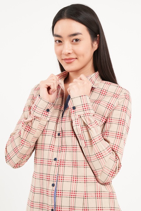 KVL by KENVELO, Camasa cu maneci lungi si model in carouri, Rosu vermillion/Bej deschis, XS