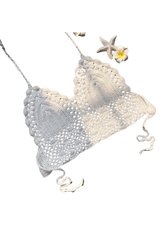 Top de bikini crosetat manual, Alb, Bumbac, Alb