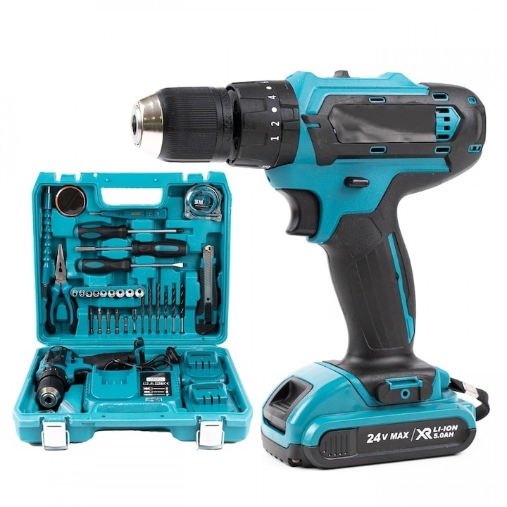 Trusa autofiletanta cu percutie, 30 de accesorii, cu 2 acumulatori si incarcator, 24V, 450-1700 rpm, mandrina automata, negru/verde