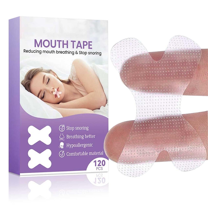 Set 120 Benzi adezive anti-sforait, Chucai, Benzi adezive pentru gura pentru somn, Material hipoalergenic, unisex, faciliteaza somnul, reduce sforaitul, transparent