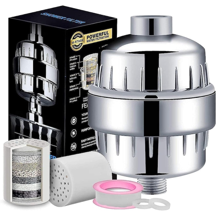 Filtru de dus, LYCENXI, 15 trepte, purificator apa, 6000 l, pentru intreaga casa, microfiltrare, interior