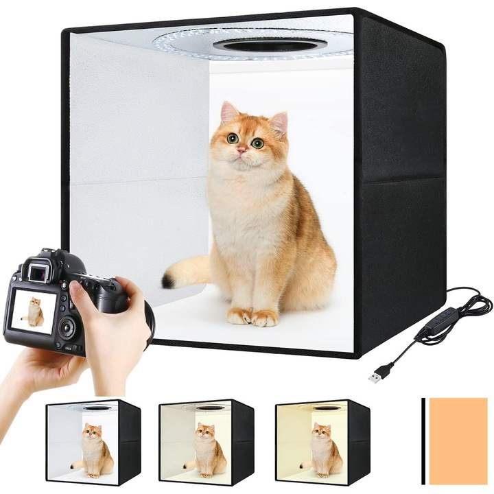 Cabina foto pliabila LYCENXI, 40x40cm, 3 fundaluri PVC, 140 LED-uri, iluminare 3000-5600K