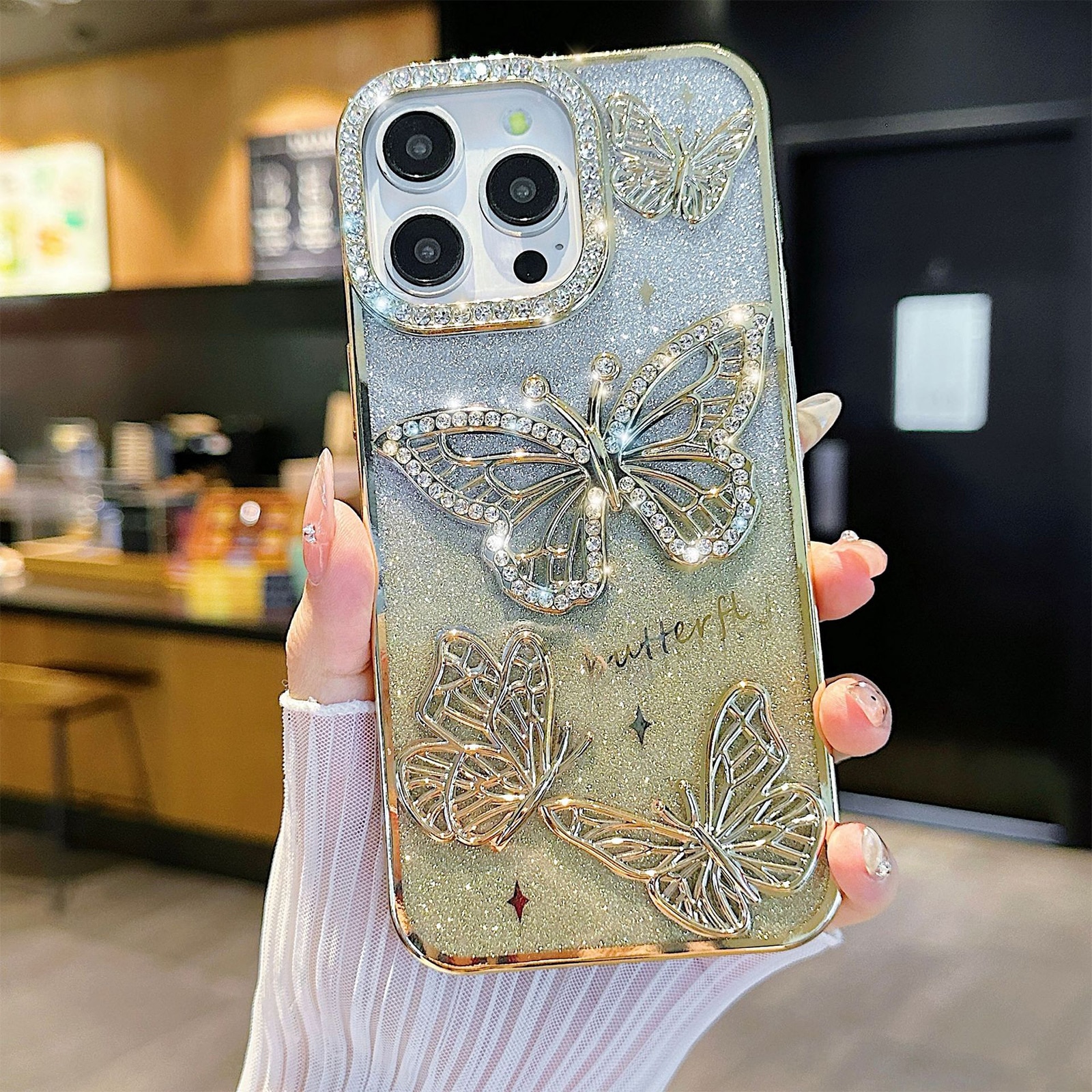 Husa telefon, TREXORA, design fluture cu diamante, protectie completa, anti-abraziv, auriu, pentru iPhone 16 Pro Max