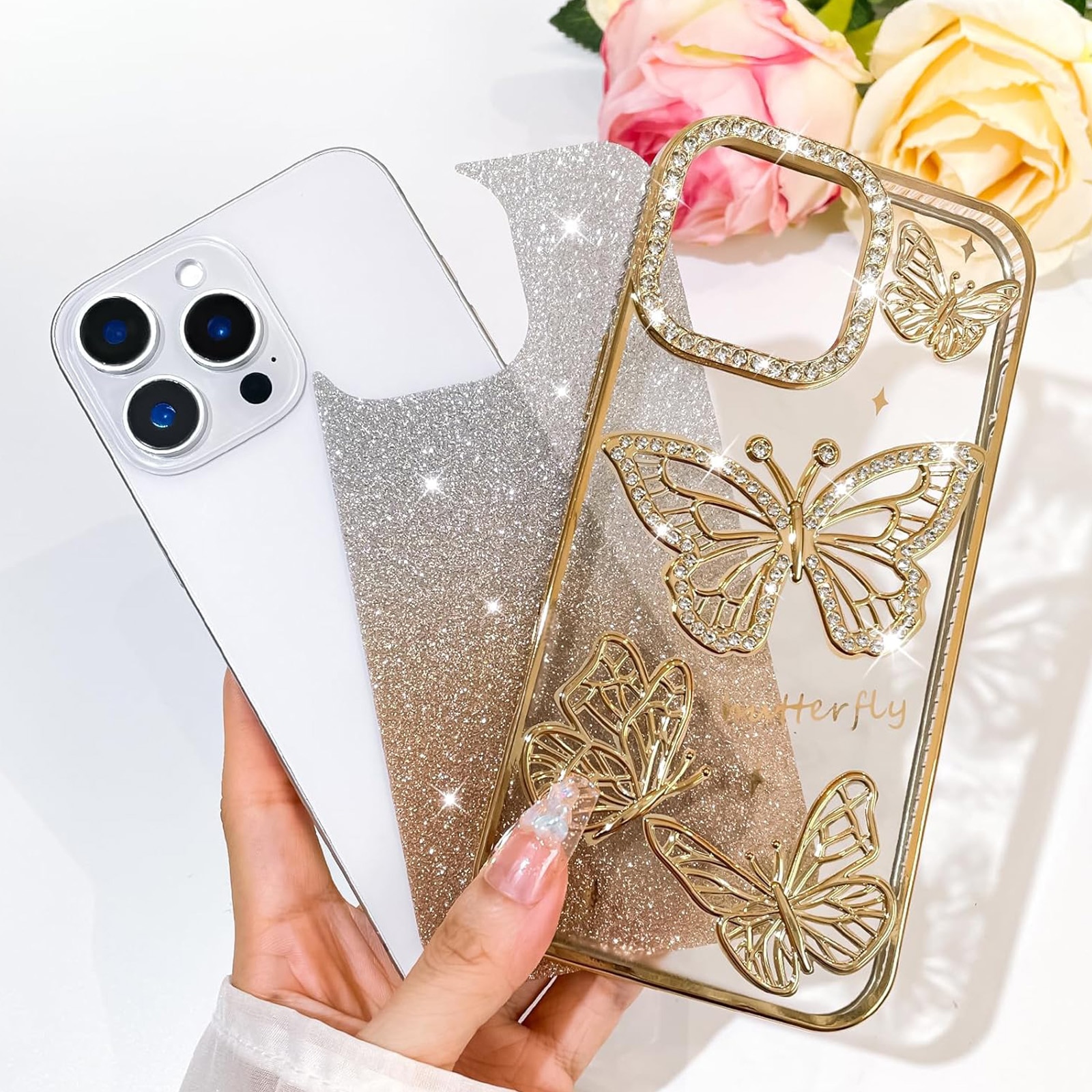 Husa telefon, TREXORA, design fluture cu diamante, protectie completa, anti-abraziv, auriu, pentru iPhone 16 Pro Max