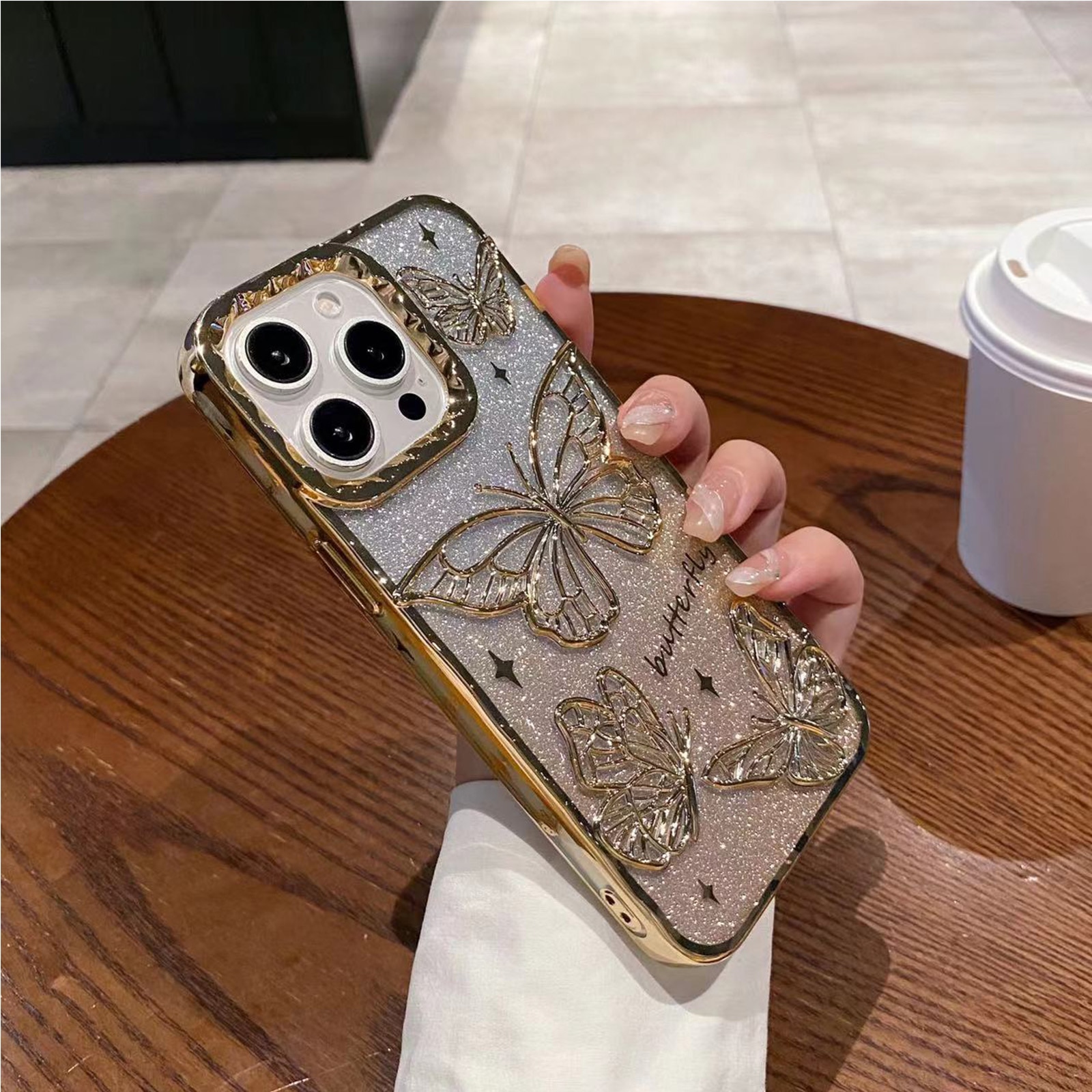 Husa telefon, TREXORA, design fluture cu diamante, protectie completa, anti-abraziv, auriu, pentru iPhone 16 Pro Max