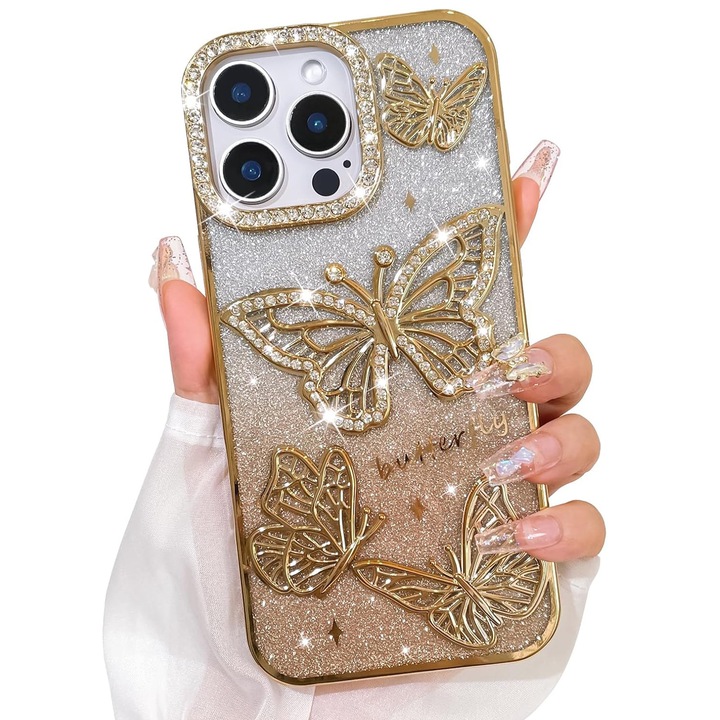 Husa telefon, TREXORA, design fluture cu diamante, protectie completa, anti-abraziv, auriu, pentru iPhone 16 Pro Max