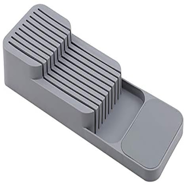 Suport tacamuri, Enforose, organizator cu 2 niveluri, capacitate 9 cutite, gri, dimensiune ajustabila