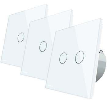 Pachet 3 intrerupatoare cu touch Livolo, 2 intrerupatoare simple + 1 intrerupator dublu, sticla, Alb Pachet 3 intrerupatoare cu touch Livolo, 2 intrerupatoare simple + 1 intrerupator dublu, sticla, Alb