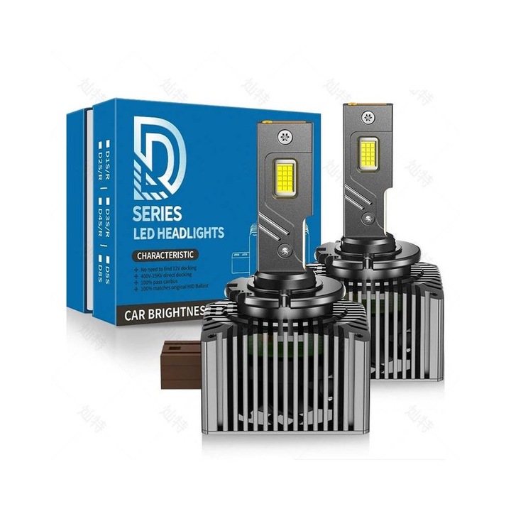 2 db-os LED autóizzó készlet, D1S, 55 W, 10000 lumen, 6000 K, 12 V, ventilátorral, hibamentes, Canbus, IP68 vízálló, fekete