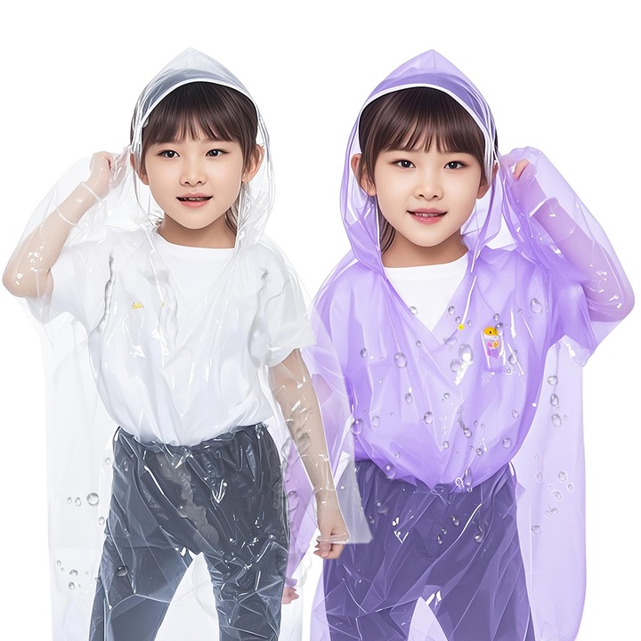 Set de 2 pelerine impermeabile, cu gluga, biodegradabile, transparente si albastre