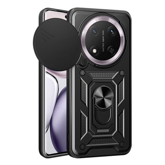 Husa Spate Upzz® Camshield Compatibila Cu Honor Magic 7 Lite, Protectie La Camere, Inel Metalic, Stand - Negru