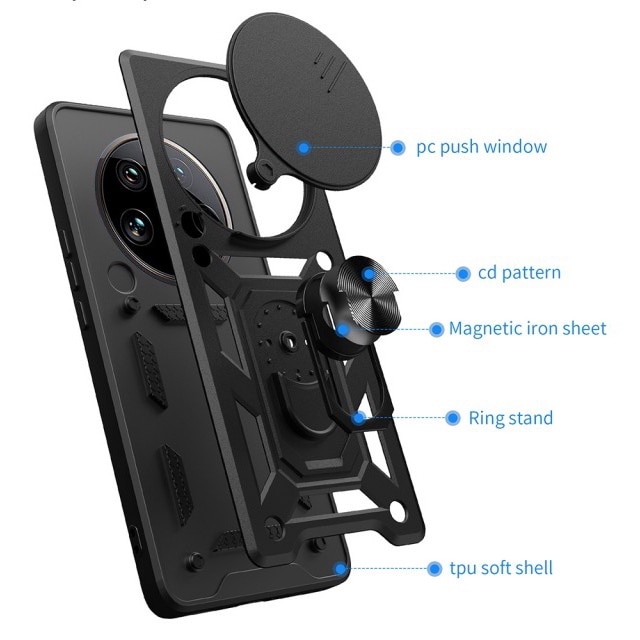 Husa Spate Upzz® Camshield Compatibila Cu Honor Magic 7 Lite, Protectie La Camere, Inel Metalic, Stand - Negru