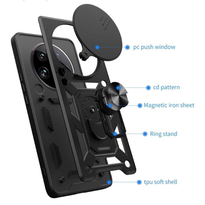 Husa Spate Upzz® Camshield Compatibila Cu Honor Magic 7 Lite, Protectie La Camere, Inel Metalic, Stand - Negru