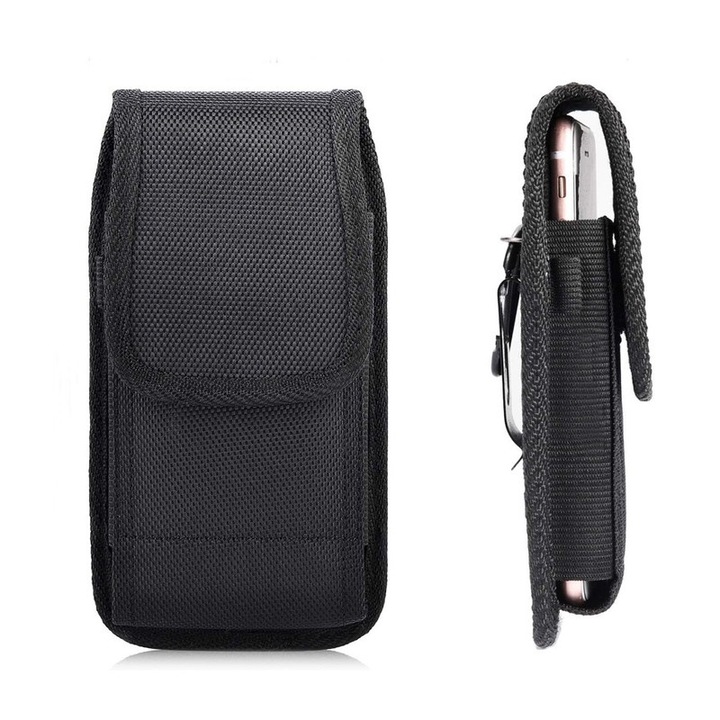 Husa telefon, neagra, nylon, cu clip pentru curea