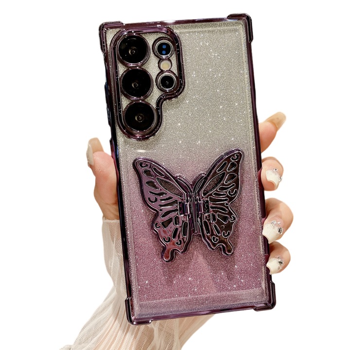 Husa telefon, TREXORA, design cu suport fluture, violet, protectie antisoc, material prietenos cu pielea, TPU