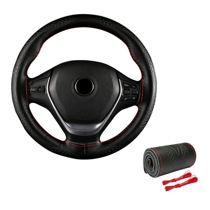 Husa volan auto din piele, 38 cm, negru, set 1 buc.