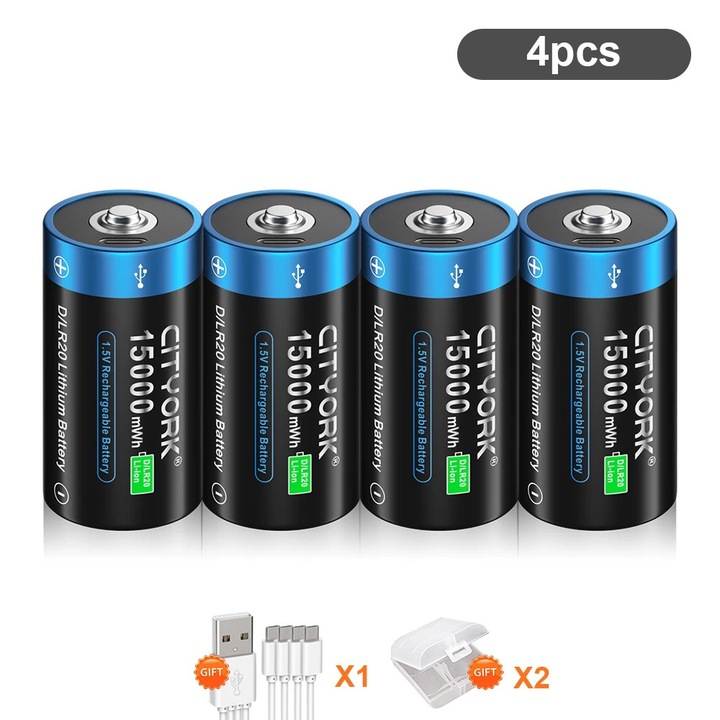 Újratölthető D akkumulátorok, 4 DB, kapacitás 15000mWh, USB töltés