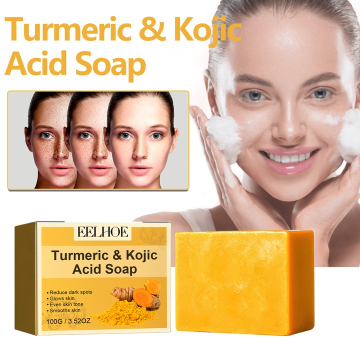 Sapun cu acid curcuminic, turmeric si acid kojic, 2 bucati, pentru ten, hidratare si uniformizare, galben