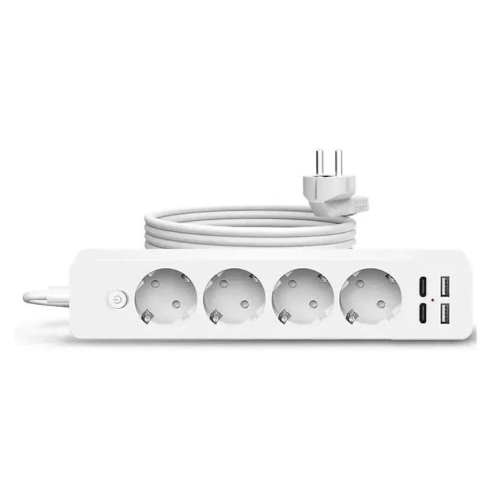 Удължител Захранващ хъб Jortan с 4 контакта, USB и Type-C, Кабел 2м, Бутон за включване/изключване, Бял