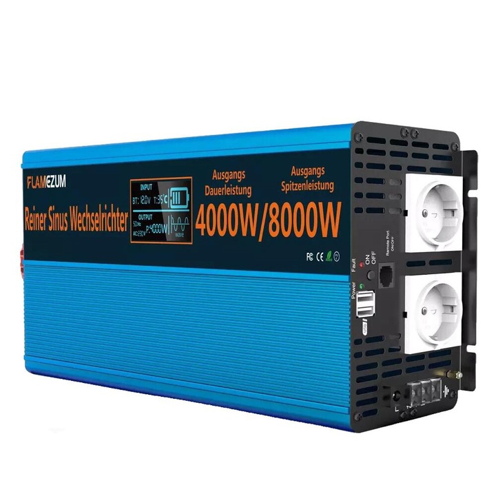 Flamezum tiszta szinuszos inverter, 4000W folyamatos teljesítmény, 8000W csúcsteljesítmény, 12V, 50Hz, 230V EU, kék szín