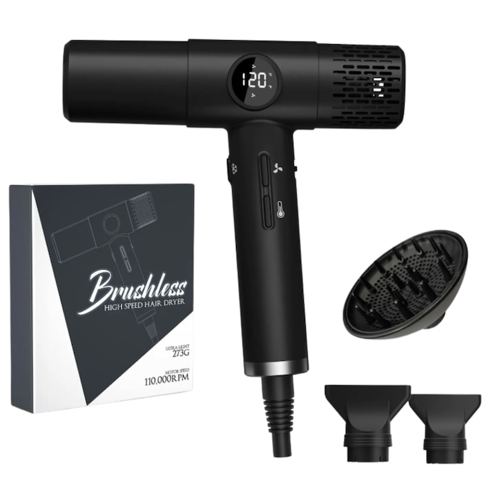 Uscator De Par Profesional 1800W Z ZYNERA™, Motor BLDC 110000 RPM, Ioni Negativi, Viteza Mare, Zgomot Redus, Usor, Uscare Rapida, Salon/Acasa, 3 Trepte De Viteza, 3 Trepte De Temperatura, Calitate Premium, Negru