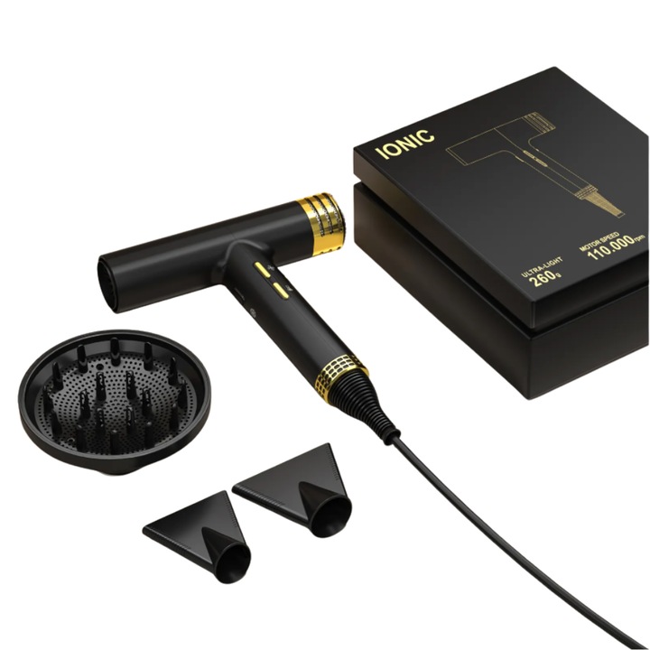 Uscator De Par Profesional Ioni Negativi Z ZYNERA™, 1600W, Difuzor Vertical, Compact, Portabil, Uscare Rapida, Antifriz, Luciu, 3 Trepte De Viteza, 3 Trepte De Temperatura, 110000 RPM, Calitate Premium, Negru/Auriu