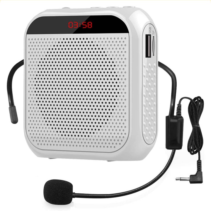 Amplificator de Voce, 2200 mAh, 8W, Usb, portabil, Include microfon cu fi si curea de talie, 20 de ore de utilizare, MP3/WMA, TF/TU, slot card USB Aux, pentru activitati in aer liber, predare, conferinte si instruiri, OUYLAF, Alb