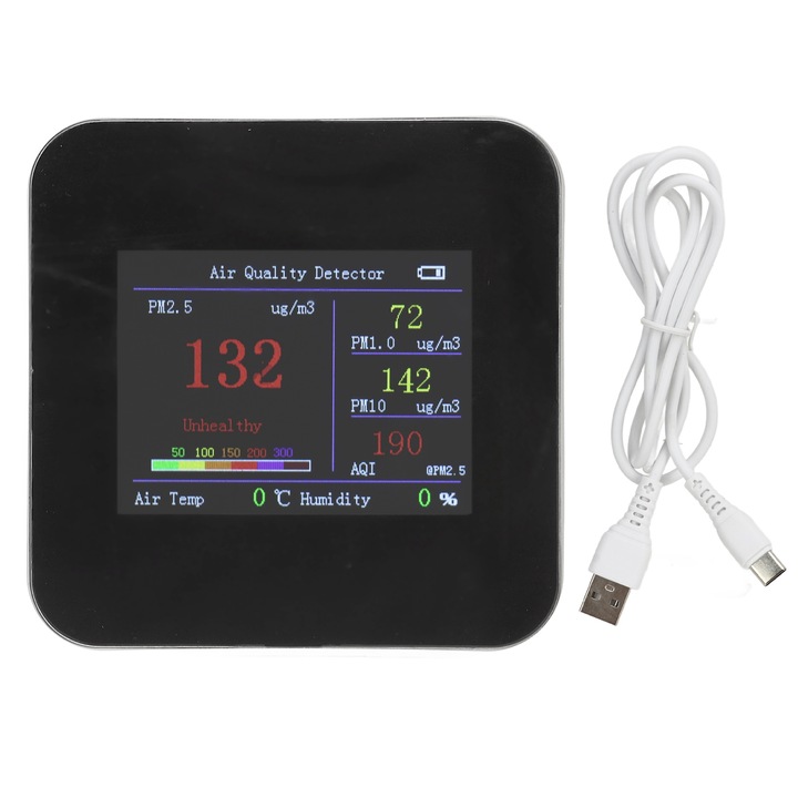 Monitor de calitate a aerului Enforose, senzor CO2, temperatura si umiditate, portabil, 8x8cm