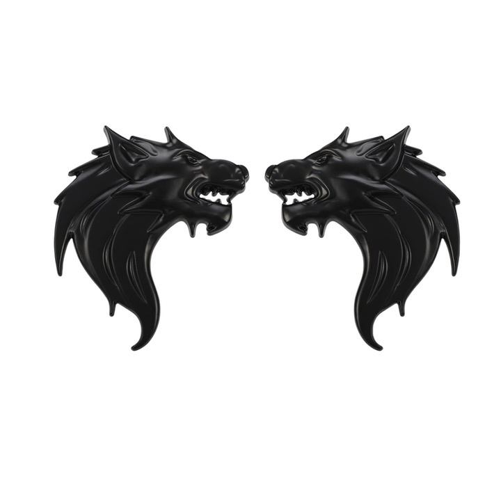 Autocolant auto set 3D cap de lup, metal, negru, 7.5x5cm