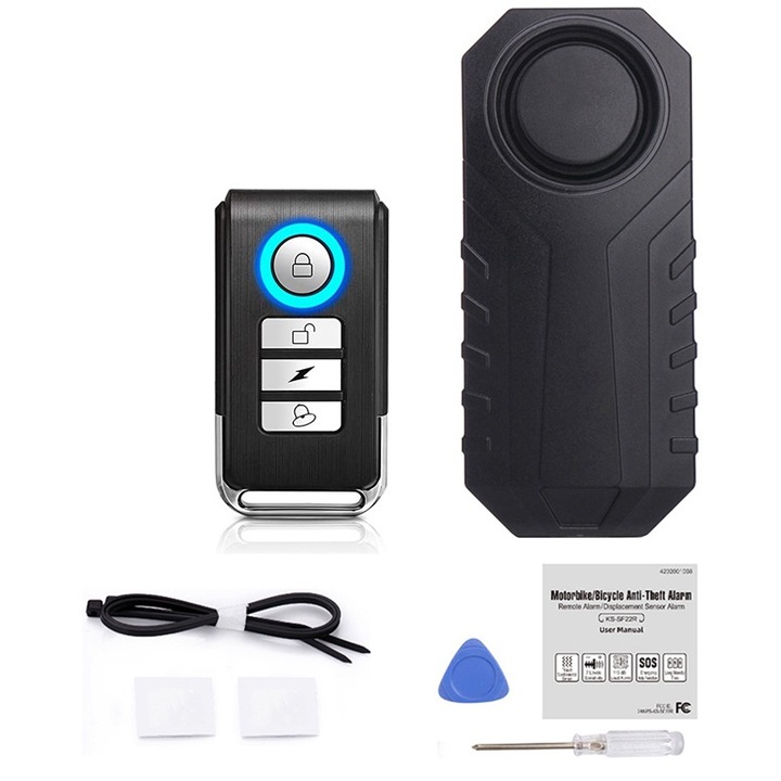 Алармена система против кражба за велосипеди и мотоциклети Fudisenn, 1 дистанционно управление, Модел SF22R-03C, IP65, Дистанционно управление, 113dB, Черен, 9.5x4.2x2.3см