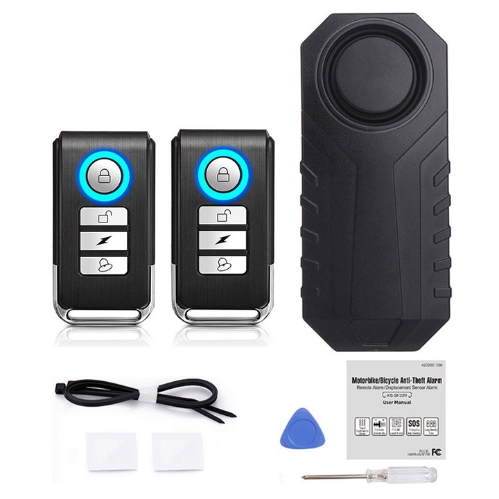 Alarma anti furt pentru biciclete si motociclete, Fudisenn®，2 telecomanda，Model SF22R-203C，sensor de vibratii，IP65 impermeabila, cu telecomanda, 113dB, Distanta telecomenzii 50 de metri，material ABS，Negru，95x42x23MM