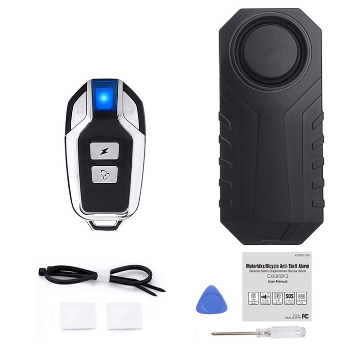 Alarma anti furt pentru biciclete si motociclete, Fudisenn®，1 telecomanda，Model SF22R-09C，sensor de vibratii，IP65 impermeabila, cu telecomanda, 113dB, Distanta telecomenzii 50 de metri，material ABS，Negru，9.5x4.2x2.3CM