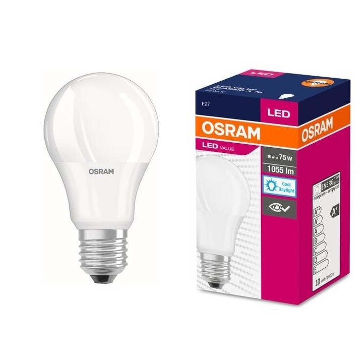 LED крушка, E27, 10W 6500K 1055lm, Osram, класическа, енергийно ефективна