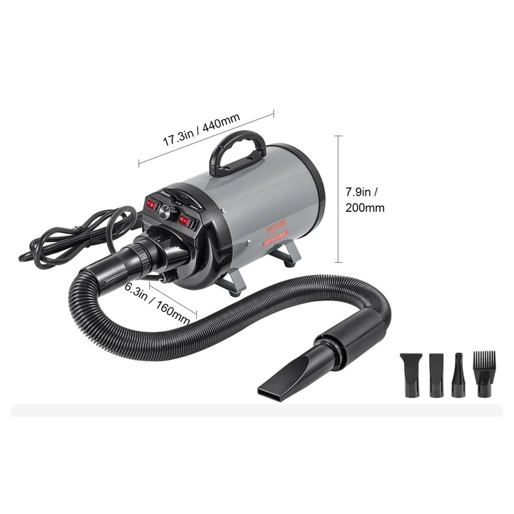 Vevor kutyaszárító, 2000W, maximális szélsebesség 70m/s, szürke, 440x160x200mm